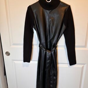 Ann Taylor Women’s Sz. M Black Faux Leather Long Sleeve Dress Knit Sleeves Belt